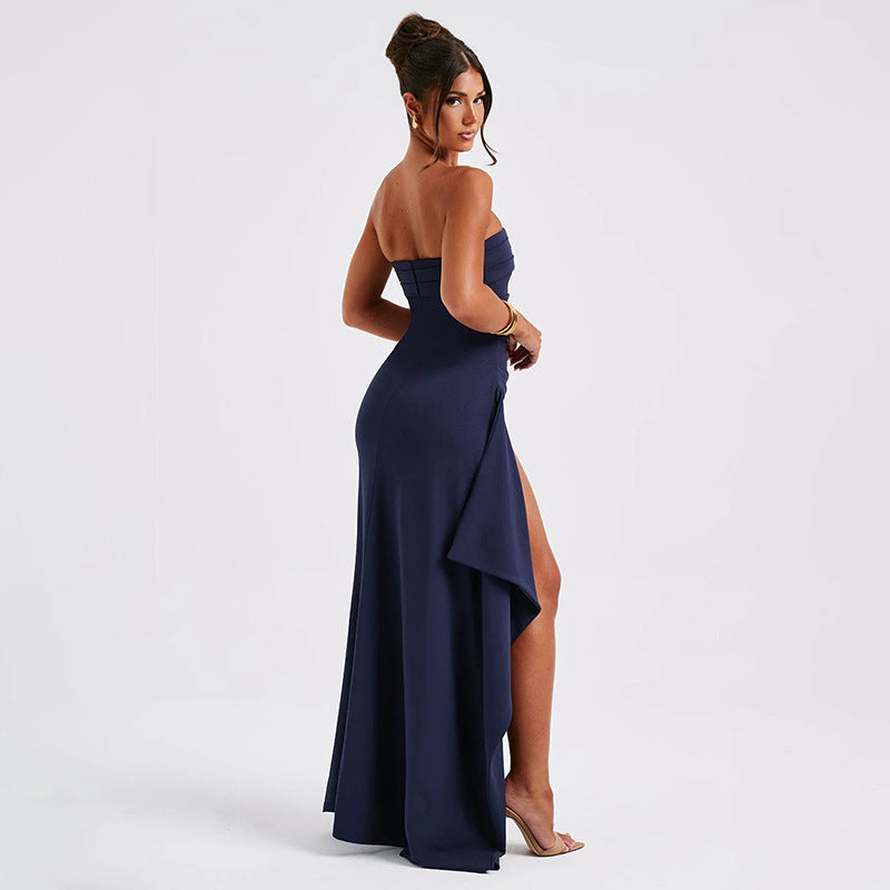 Women's Strapless Pleated Bridesmaid Dress – Long Split Evening Gown for Weddings & Galas